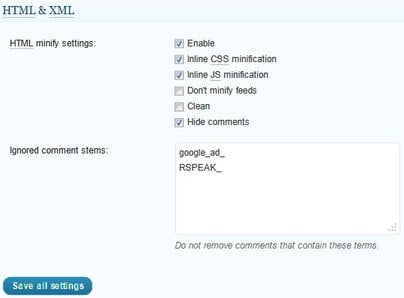 minify settings html xml
